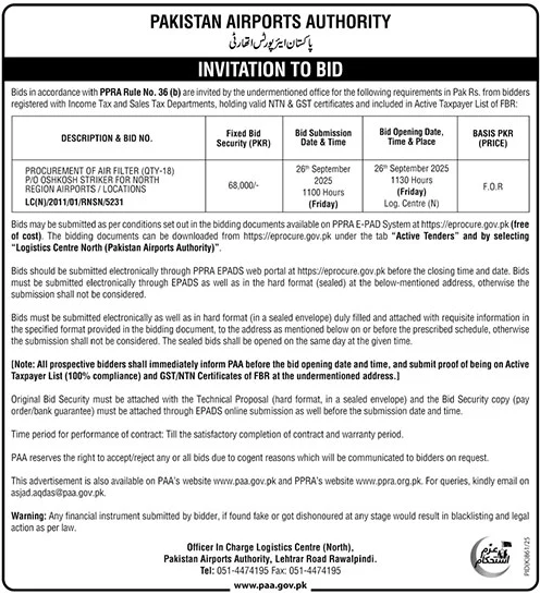 Pakistan Airports Authority Rawalpindi Tender Notice